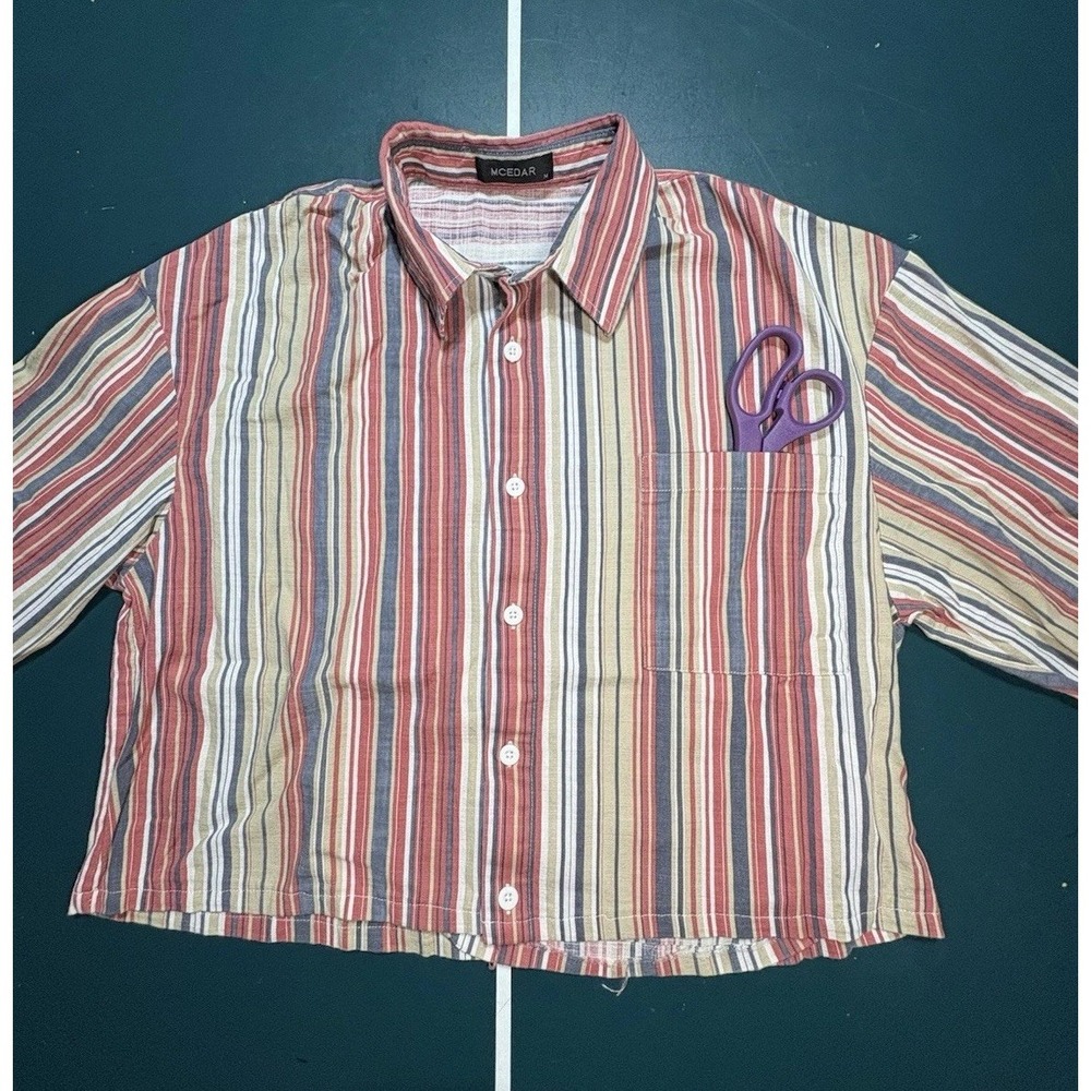 Striped Cropped Button Up Shirt Women's Medium Preppy Long Sleeve‎ Retro Casual - Picture 3 of 7